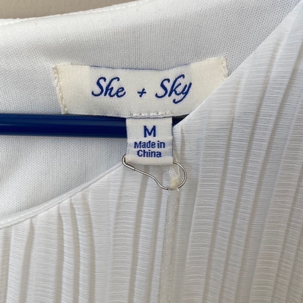 She + Sky White Pleated Long Sleeve Blouse Medium, NWT Office, Work - Picture 7 of 8